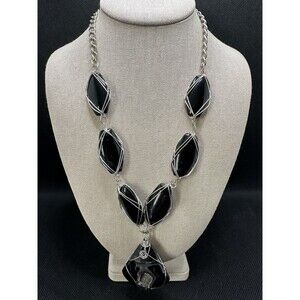 Wire Wrapped Black Onyx Stone Necklace Handmade OriginalDruzy Agate Jewelry 22in